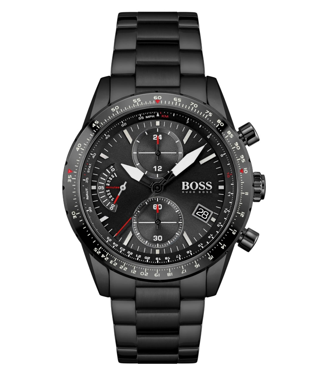 BOSS Montre Chronographe Quartz pour Homme 43 mm Collection Hero avec Bracelet en Acier Inoxydable Noir, Cadran Noir, Fonction Date, 3 sous-Cadrans, Résistance à l'eau 5ATM - 1513754 BOSS Montre Chronographe Quartz pour Homme 43 mm Collection Hero avec Bracelet en Acier Inoxydable Noir, Cadran Noir, Fonction Date, 3 sous-Cadrans, Résistance à l'eau 5ATM - 1513754